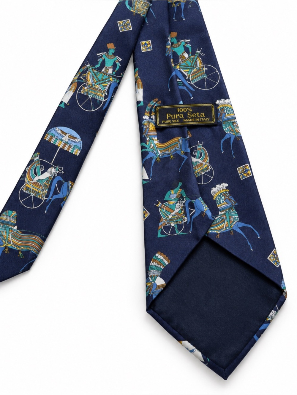 Men’s 100% Silk Tie Navy Egyptian Chariot Horse Print Made in Italy
